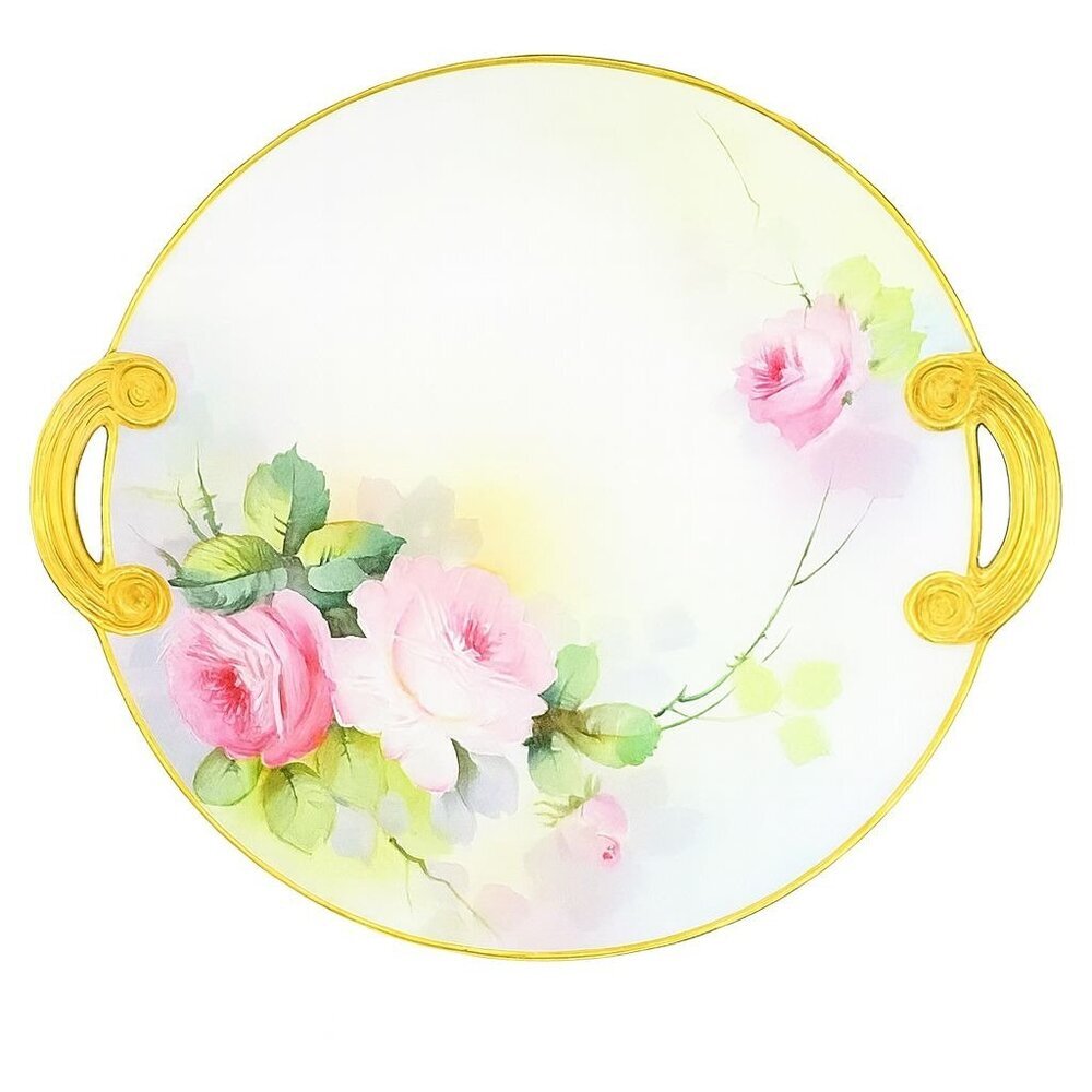 Hand Painted Nippon Porcelain Plate w/ Gold Handles – Pink Roses – 11” Vintage